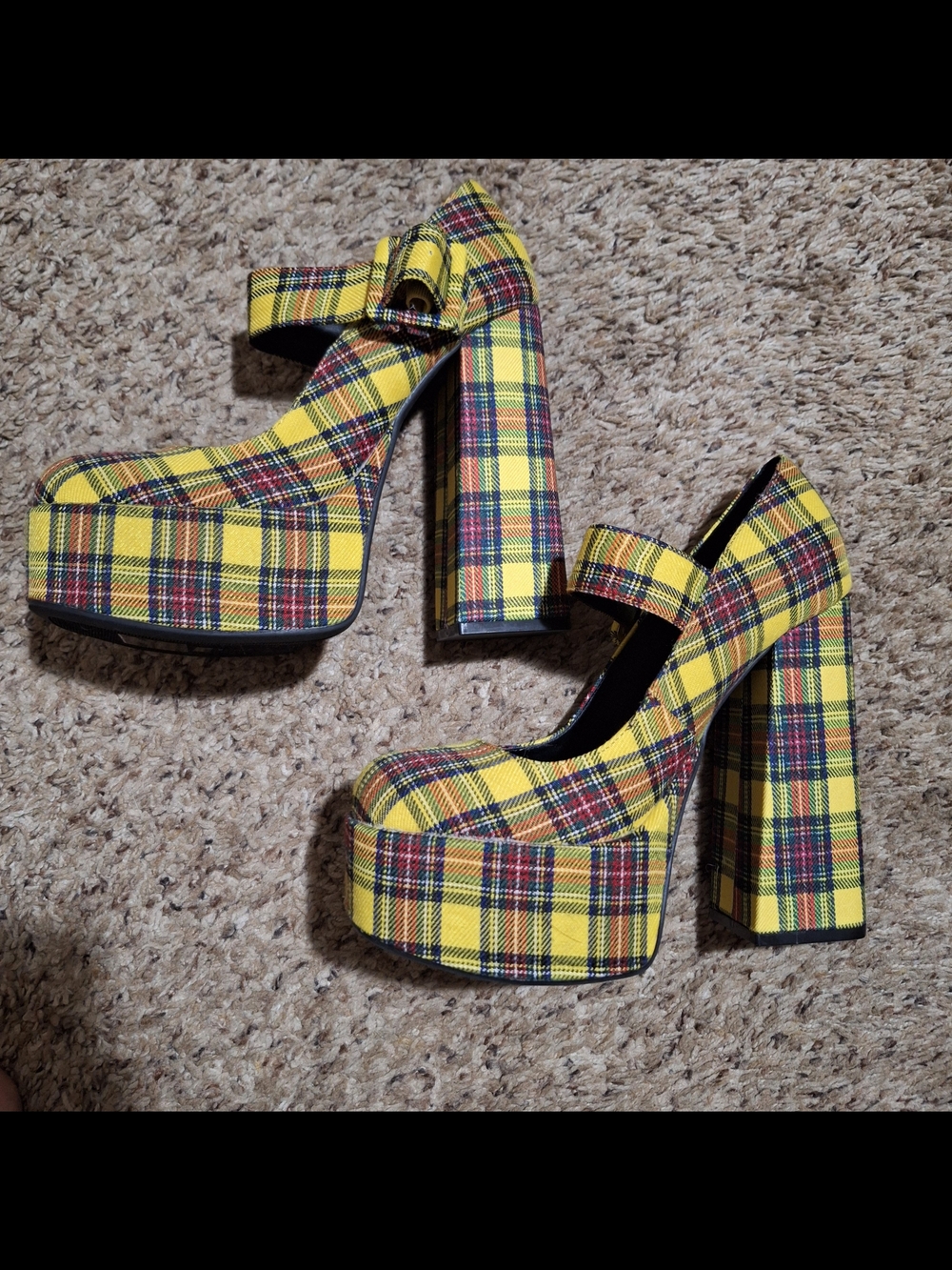Bamboo Yellow Plaid Mary Jane Platform Heels Size 7.5 - Picture 1 of 7